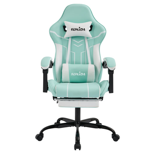 Gaming Stuhl Computerstuhl Ergonomischer Gaming Chair mit Fußstütze Bürostuhl Ergonomischer Computerstuhl mit Lendenwirbelstütze, Mintgrün