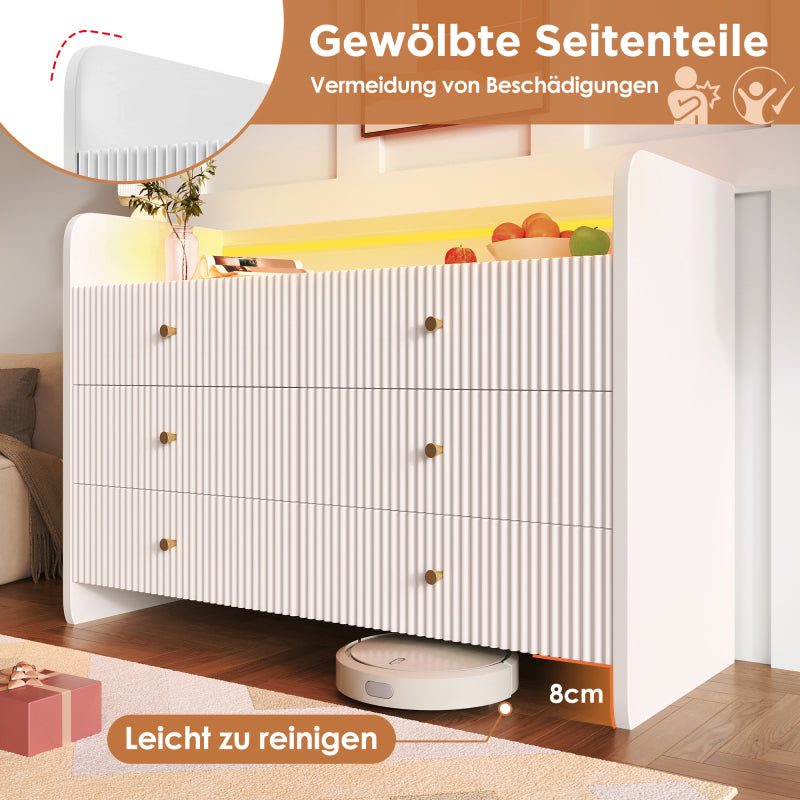 Sideboard, Kommode mit LED-Beleuchtung und 6 Schubladen, Wellenförmiges Rillendesign, Moderner Schrank für Wohnzimmer und Schlafzimmer, 120x40x75cm, Weiß