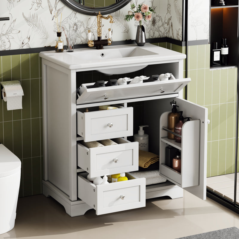 76x46x87cm Bodenstehender Badezimmerschrank mit Waschbeck, Waschtisch,Sprühlackierverfahren,Drei Soft-Close-Schubladen,Türregale,ausklappbare Schublade,integriertes Keramikwaschbecken,Weiß