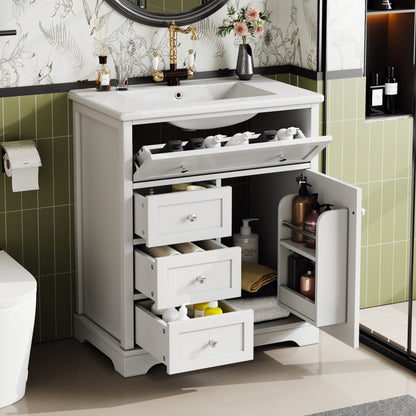 76x46x87cm Bodenstehender Badezimmerschrank mit Waschbeck, Waschtisch,Sprühlackierverfahren,Drei Soft-Close-Schubladen,Türregale,ausklappbare Schublade,integriertes Keramikwaschbecken,Weiß