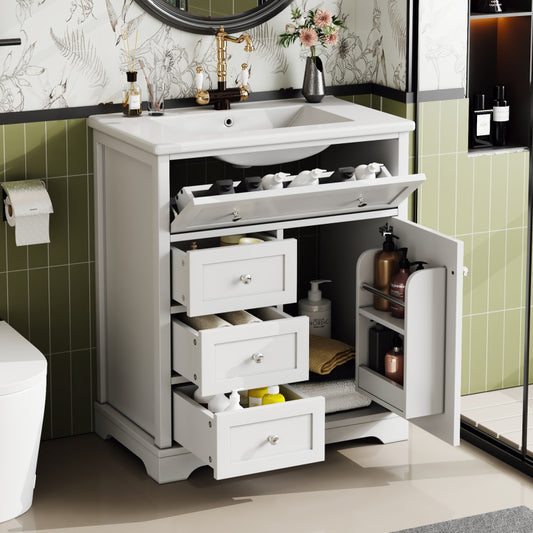 76x46x87cm Bodenstehender Badezimmerschrank mit Waschbeck, Waschtisch,Sprühlackierverfahren,Drei Soft-Close-Schubladen,Türregale,ausklappbare Schublade,integriertes Keramikwaschbecken,Weiß