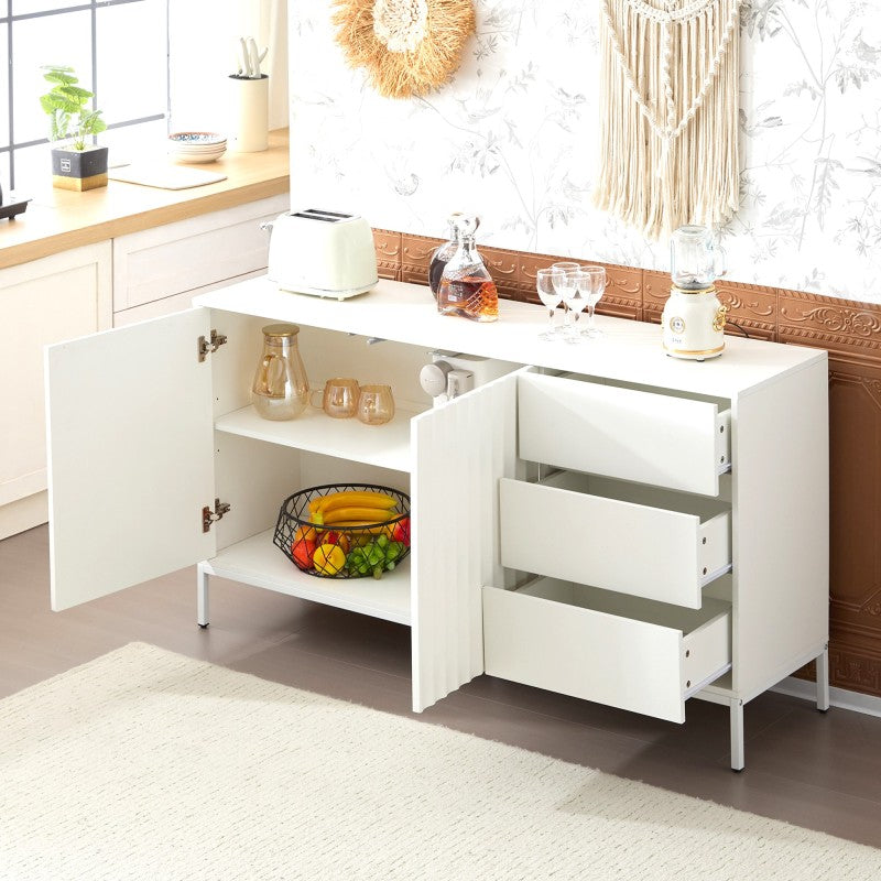 1.5m weißes modernes minimalistisches Sideboard, Aufbewahrungsschrank, Wellenmuster-Design, verstellbare Einlegeböden, 3 Schubladen, geeignet für Küche, Wohnzimmer, Korridor und andere Multi-Szene
