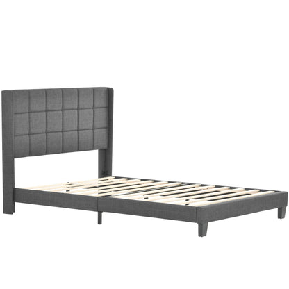 Polsterbett Mit seinem gepolstertes Kopfteil Doppelbett mit Lattenrost, 140x200cm ,in Grau Leinen,  mittelfest  (Mit Federkernmatratze)
