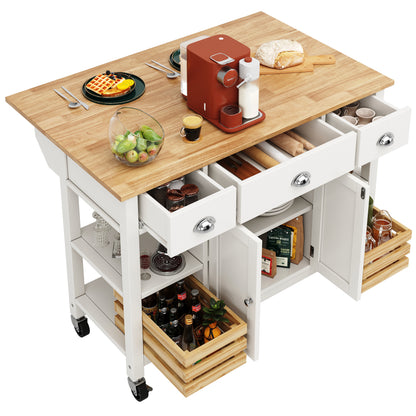 Moderne Kücheninsel Küchenschrank 120x45x90cm Esszimmerwagen mit Kiefernkorb Multifunktions Esstisch Holzmaserung Aufbewahrungskorb Weiß
