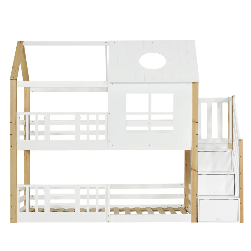 Etagenbett mit Aufbewahrungstreppe, Hausbett, Kinderbett, mit Fallschutzgitter, mit Fenster und Dach, Kiefer+MDF, Weiß+Natur, 90x200cm