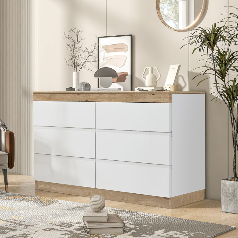 Kommode mit 6 Schubladen, Schließfach,Funktion von Aufbewahrung, für Schlafzimmer und Wohnzimmer, E1-Spanplatte, weiß+oak