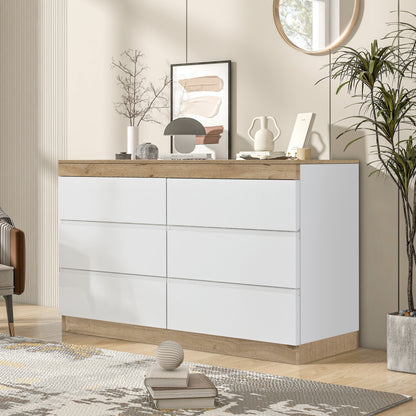 Kommode mit 6 Schubladen, Schließfach,Funktion von Aufbewahrung, für Schlafzimmer und Wohnzimmer, E1-Spanplatte, weiß+oak