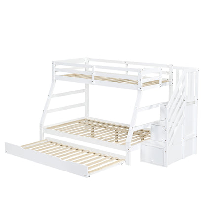 Etagenbett mit Rollbett, Kinderbett mit Leiterschrank und Handlauf, mit Fallschutzgitter an allen Seiten, Kiefer+MDF, Weiß, 90x190CM Rollbett, 90/120x200CM