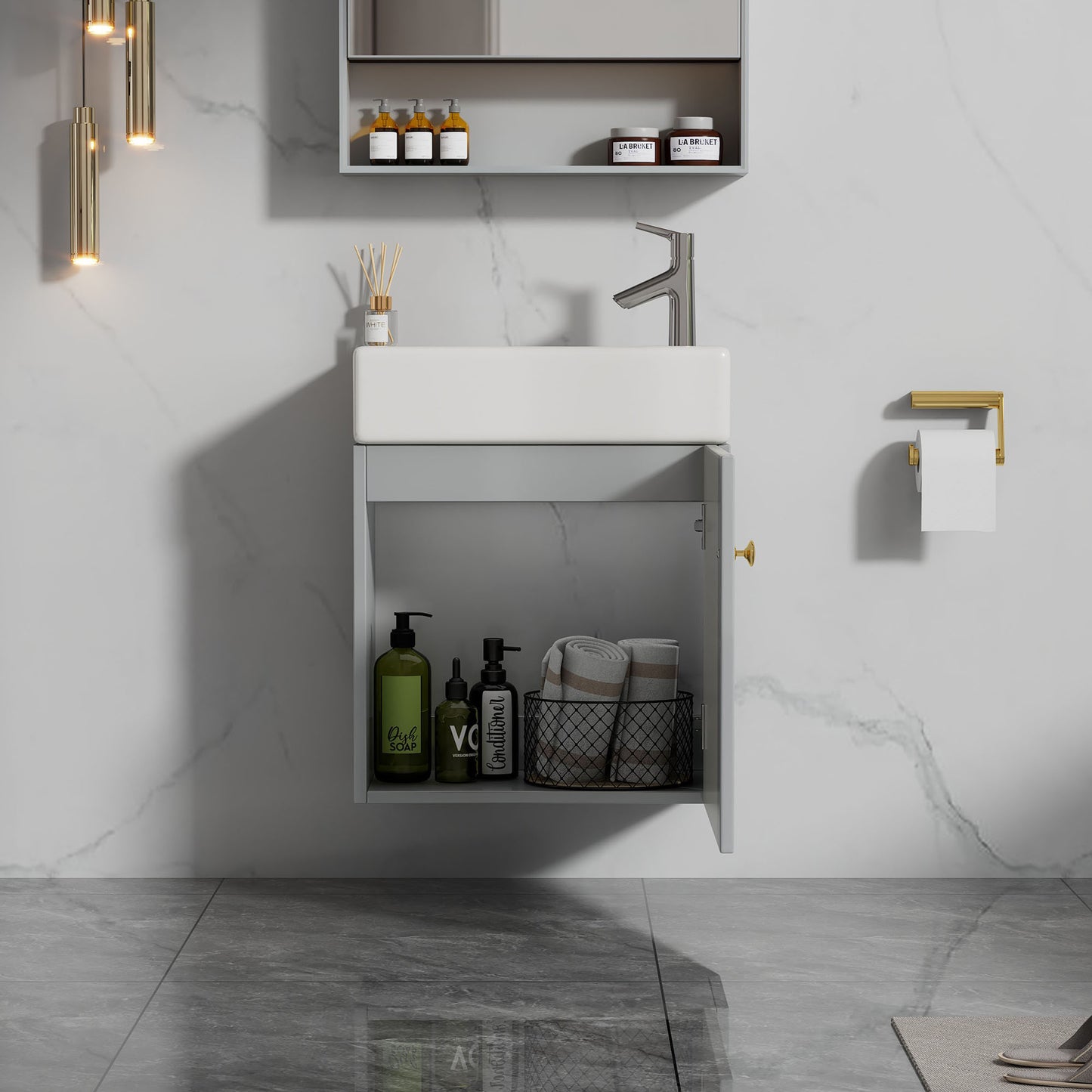 Badezimmermöbel Waschbecken mit Waschtischunterschrank 55 cm , Waschtischunterschrank hängend weiß , Kleine Gästebadmöbel