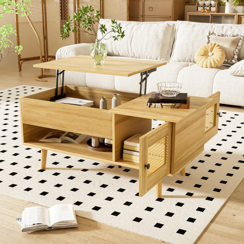 Eleganter Couchtisch mit anhebbarer Tischplatte und Rattan-Türen, Holzfarbe mit schwarzen Akzenten, ideal für das Wohnzimmer – Praktischer Stauraum und funktionales Design