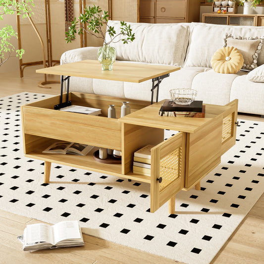 Eleganter Couchtisch mit anhebbarer Tischplatte und Rattan-Türen, Holzfarbe mit schwarzen Akzenten, ideal für das Wohnzimmer – Praktischer Stauraum und funktionales Design