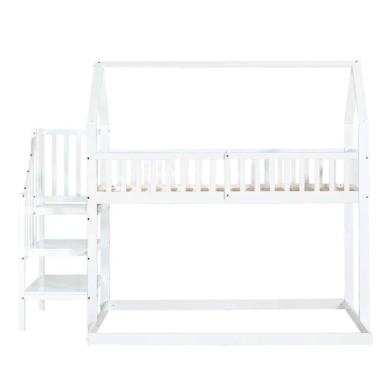 [29994142WAA]Etagenbett, Hausbett mit Treppe, Kinderbett mit Fallschutz und Gitter, Rahmen aus Kiefer, weiß (90x200&140*190cm)