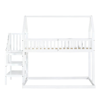 [29994142WAA]Etagenbett, Hausbett mit Treppe, Kinderbett mit Fallschutz und Gitter, Rahmen aus Kiefer, weiß (90x200&140*190cm)