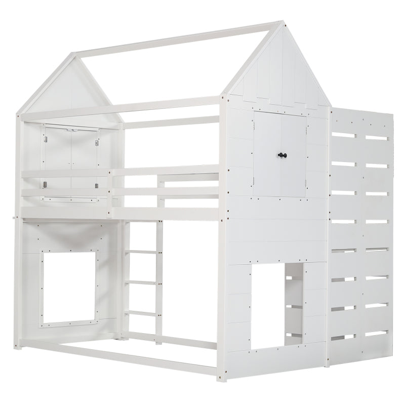 Etagenbett, Hausbett, Kinderbett mit Fallschutz und Gitter, mit Tisch, Offenes Regal, zwei Fenster, Reichlich Stauraum, Kiefer+MDF, Weiß, 90x200cm