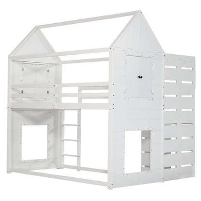 Etagenbett, Hausbett, Kinderbett mit Fallschutz und Gitter, mit Tisch, Offenes Regal, zwei Fenster, Reichlich Stauraum, Kiefer+MDF, Weiß, 90x200cm