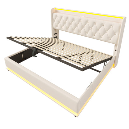 Polsterbett Doppelbett, 360-Surround-LED-Funktion, Drucktaste/App/Fernbedienung, 180*200 cm, weiß PU-Material Hydraulisches Lagerbett, gepolstertes Kopfteil mit USB Typ-C Ladefunktion (Ohne Matratze)