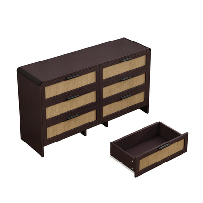 130CM Arc Shaped Corner Rattan Cabinet, 6-Drawers Rattan Storage Cabinet Rattan Drawer, for Living Room Bedroom,and Kitchen, Reddish-brown, Brown