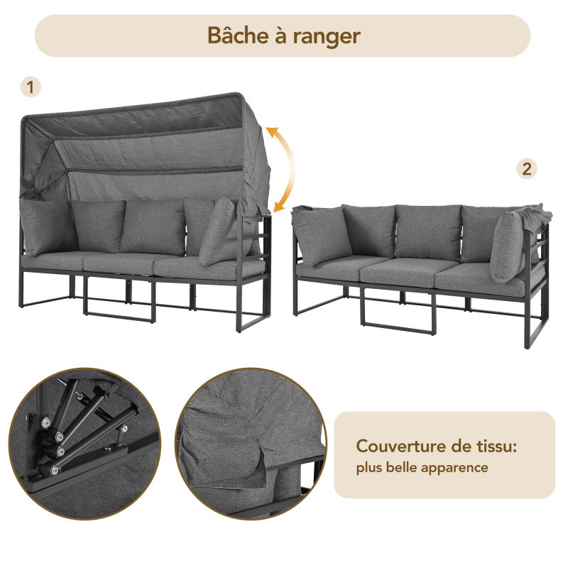 Garten Loungesessel Set, Iron Sunny Island Sitzgruppe Hocker und Tisch mit Markise 4er Set Balkon und Garten Loungemöbel Terrassenmöbel Wetterfest Grau Inkl. aller Kissen(previous sku:HW24006AAA)