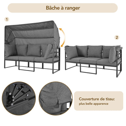 Garten Loungesessel Set, Iron Sunny Island Sitzgruppe Hocker und Tisch mit Markise 4er Set Balkon und Garten Loungemöbel Terrassenmöbel Wetterfest Grau Inkl. aller Kissen(previous sku:HW24006AAA)