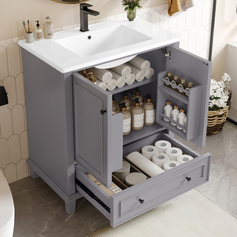 76x46x87cm Bodenstehender Badezimmerschrank mit Waschbeck, Waschtisch,Beine aus Massivholz, MDF-Material, feuchtigkeits- und wasserdicht, großer Stauraum, integriertes Keramikwaschbecken, Grau