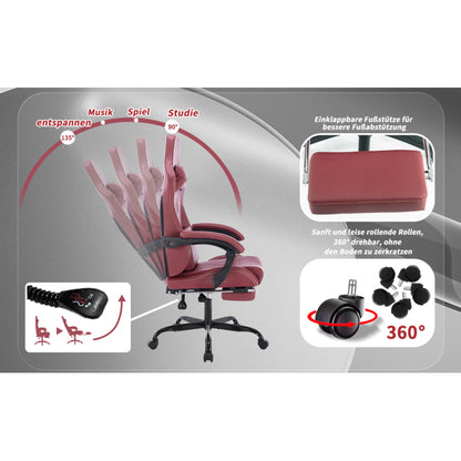 Gaming Stuhl Computerstuhl Ergonomischer Gaming Chair mit Fußstütze Bürostuhl Ergonomischer Computerstuhl mit Lendenwirbelstütze Rot