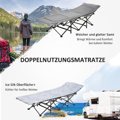 Campingbett Klappbares Feldbett mit Kopfkissen und Seitentasche, Matratze in Hellgrau, belastbar bis 150kg
