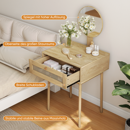 Ein Rattan Schminktisch mit Spiegel, ein kompakter Schminktisch im Schlafzimmer und ein niedlicher Schminktisch für kleine Räume geeignet,(Ohne Stühle)