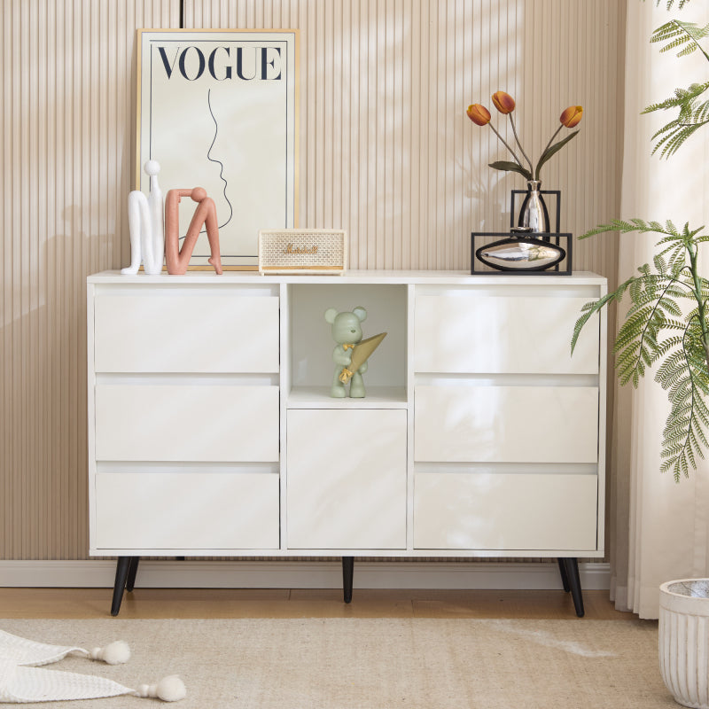 Modernes weißes Sideboard mit LED-Beleuchtung, 6 geräuschlosen Schubladen, Push-Open-Türen, Hochglanzlackierung, mattschwarzen Metallbeinen, 120x40x80 cm – ideal für Küchen, Ess- und Wohnbereiche