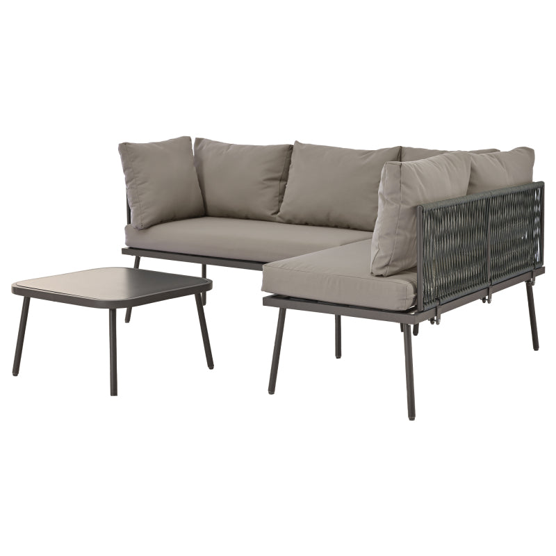 Garten-Lounge-Set aus Eisen, Gartenmöbel-Set aus grauem Seil, L-förmiges Gartenmöbel-Set, Lounge-Set aus grauem Seil mit Sitzkissen, verstellbaren Füßen, 2 Sofas und 1 Tisch