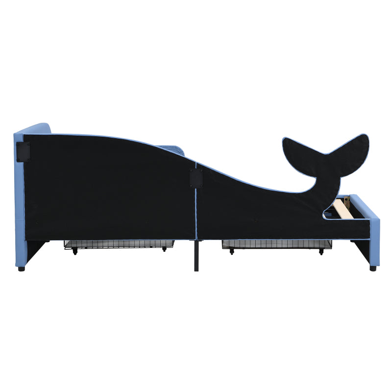 Kinder-Spleißbett, Polsterbett, Tagesbett, Walförmiges Design, Schlafsofa mit Metallbettgestell, 2 Schubladen auf Rollen, PU+MDF+Sperrholz, Blau, 90x200cm