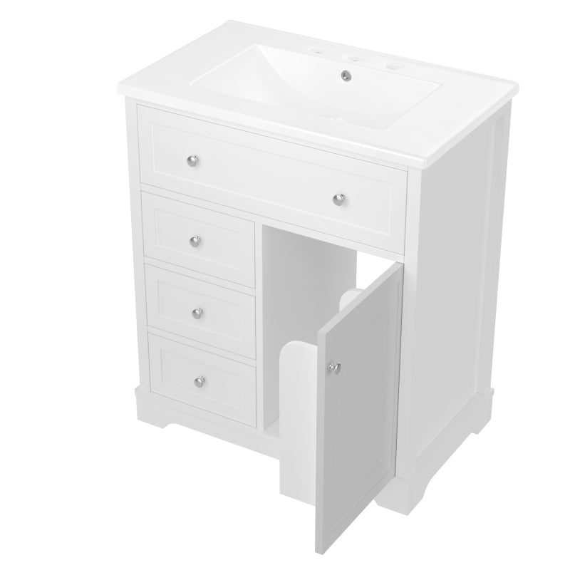 76x46x87cm Bodenstehender Badezimmerschrank mit Waschbeck, Waschtisch,Sprühlackierverfahren,Drei Soft-Close-Schubladen,Türregale,ausklappbare Schublade,integriertes Keramikwaschbecken,Weiß