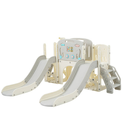 Kinderspielplatz-Set 8-in-1, Freistehendes Meerestier-Motiv-Set mit Rutsche, Bogentunnel, Basketballkorb und Teleskop, Doppelte Rutschen für Kleinkinder, Klettergerüst für Kinder