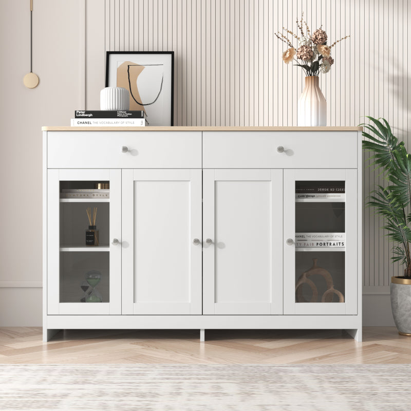 Sideboard mit weißer Holzmaserung, vier Türen, mit zwei Schubladen, Tür mit Glas. Wohnzimmer, Esszimmer. Holzfarbe und Weiß
