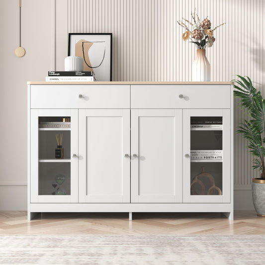 Sideboard mit weißer Holzmaserung, vier Türen, mit zwei Schubladen, Tür mit Glas. Wohnzimmer, Esszimmer. Holzfarbe und Weiß