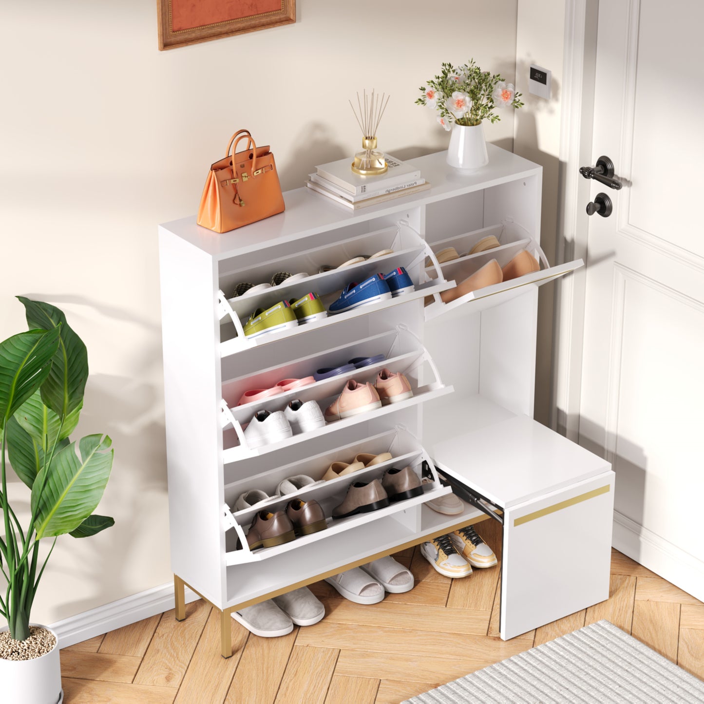 Schuhschrank mit Schuhwechselhocker, dreifach klappbarem Schuhregal und offenem Stauraum, geeignet für Flure