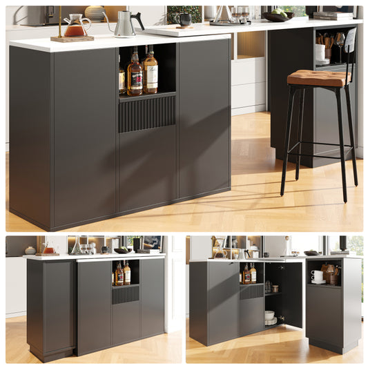Um 360° drehbarer Bartisch (Hauptkörper 198,5 x 30 x 75 cm), modernes und schlichtes schwarzes Design, mit offenem Stauraum und Marmor-Arbeitsplatte, multifunktionale Aufbewahrungsinsel, geeignet für