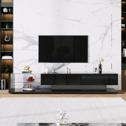 TV-Schränke, Lowboards, Hochglanz-Wohnzimmermöbel. Glastrennwände und variable LED-Beleuchtung. Es verbindet natürlichen, rustikalen Stil mit modernem Design.
