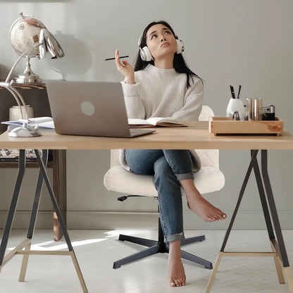 Bürostuhl Ohne Armlehnen,Home Office Stuhl Keine Räder,Heavy Duty Metallbasis,120°Schaukelnder breiter Sitz Ergonomischer Stuhl, Dicken gepolsterte Dreh Eitelkeit Stuhl für Heim und Büro Cream+Linen+Metal