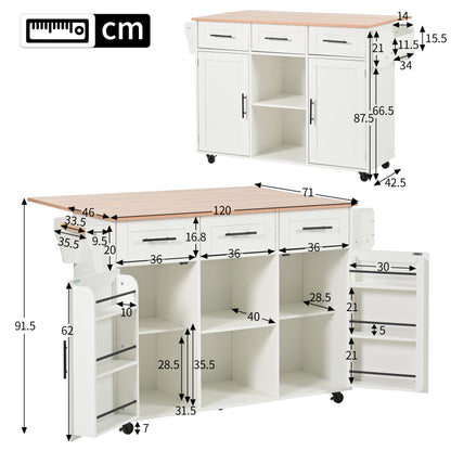 139x46(71)x91,5 cm großer Esswagen/Anrichte, Korpus weiß + Arbeitsplatte in Massivholzmaserung, klappbare Arbeitsplatte, Ablagetür, Rollen, auswechselbare Massivholzfüße, geeignet für Esszimmer, Küche