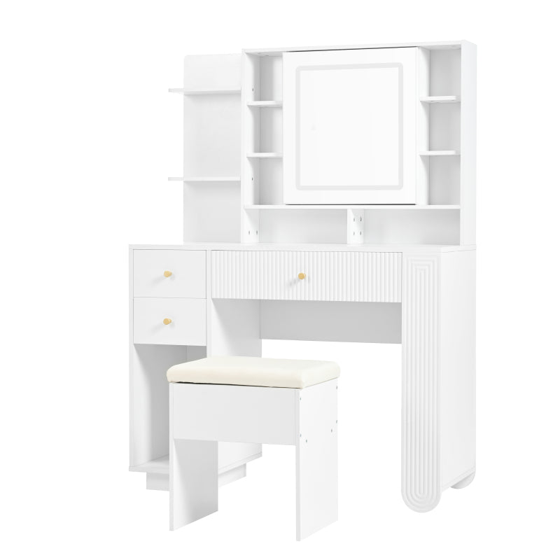 Beleuchteter Schminktisch mit Spiegel & Hocker – Moderner Frisiertisch mit Einstellbarer Helligkeit, Schubladen & Offener Ablage, Weiß, 100×40×138 cm