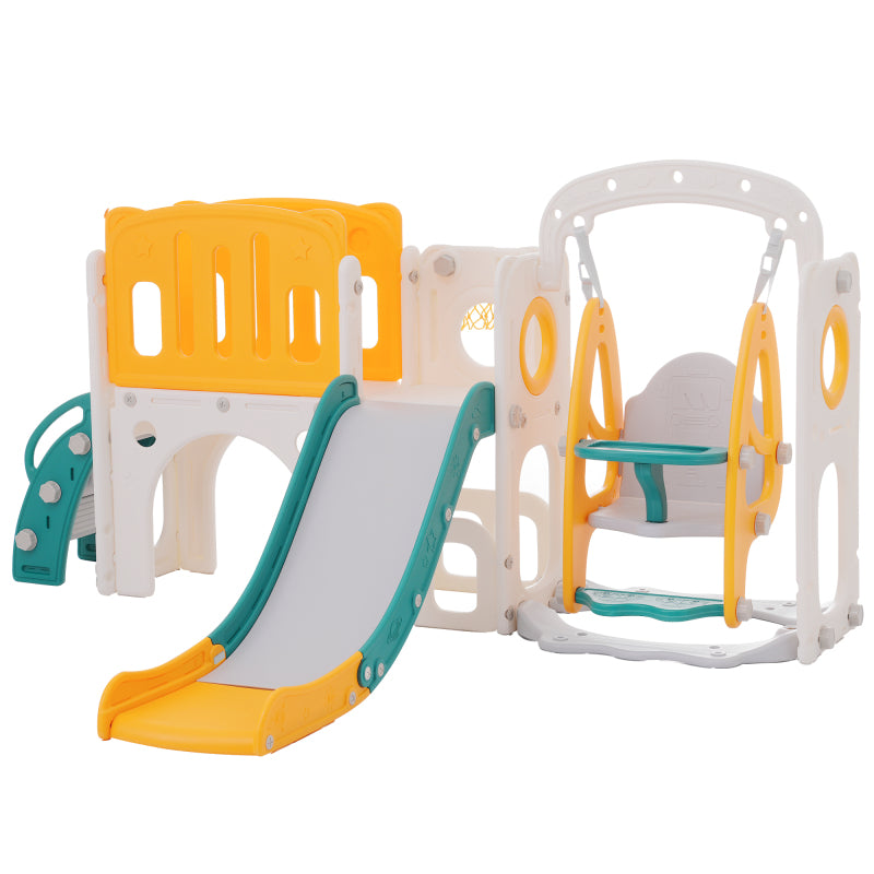 7-in-1-Rutsche für Kinder, bestehend aus Rutsche, Schaukel, Plattform, Unterschrank, Lochbohrspiel, Basketballkorb und Treppe - hochdichtes Polyethylen (Ozeanball nicht enthalten)