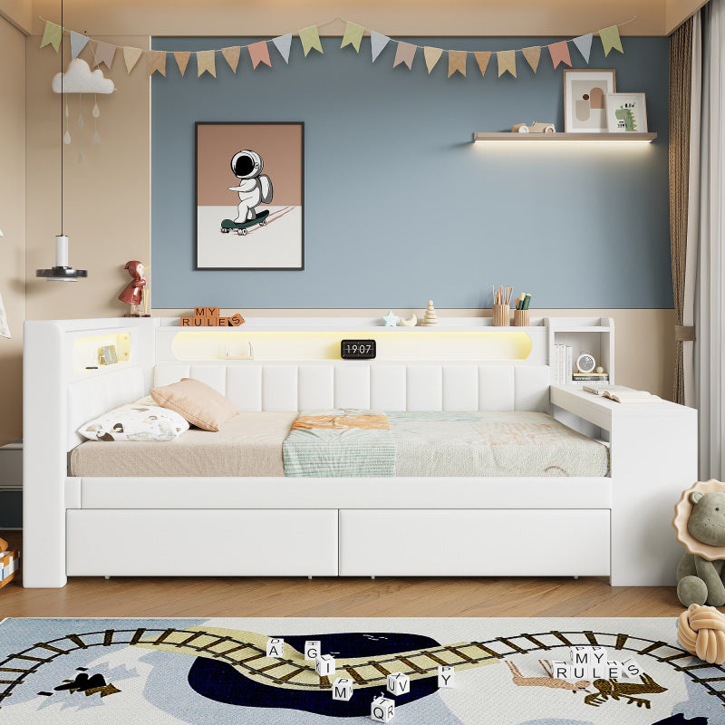 Gepolstertes 90x200 Daybed mit USB-Anschlüssen und LED-Gürtel, mit Schreibtisch und 2 Schubladen, weiß