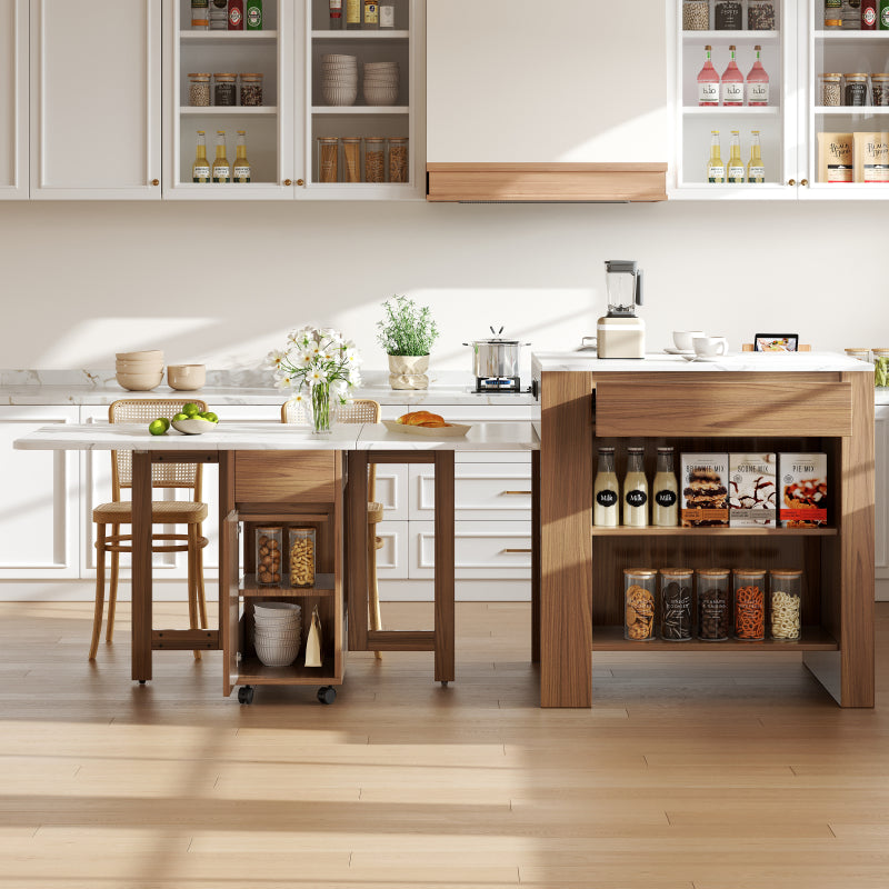 Ausziehbarer Bartisch mit Stauraum(110-124×78×97.5cm), für 2-6 Personen, Kücheninseln mit 2 Schubladen, 2 seitliche offene Regale und eingebaute Steckdose,Tischplatte aus weiß marmoriertem MDF,Braun