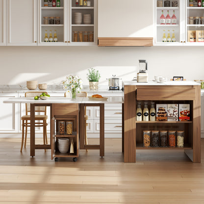 Ausziehbarer Bartisch mit Stauraum(110-124×78×97.5cm), für 2-6 Personen, Kücheninseln mit 2 Schubladen, 2 seitliche offene Regale und eingebaute Steckdose,Tischplatte aus weiß marmoriertem MDF,Braun