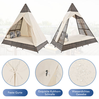 Gartenlounge-Set, Rattanzelt, geeignet für 2–4 Personen, inklusive aller Sitzkissen und Kissen, graues Rattan, beiger Türvorhang, Sitzkissen mit Reißverschluss, daher abnehmbar und waschbar