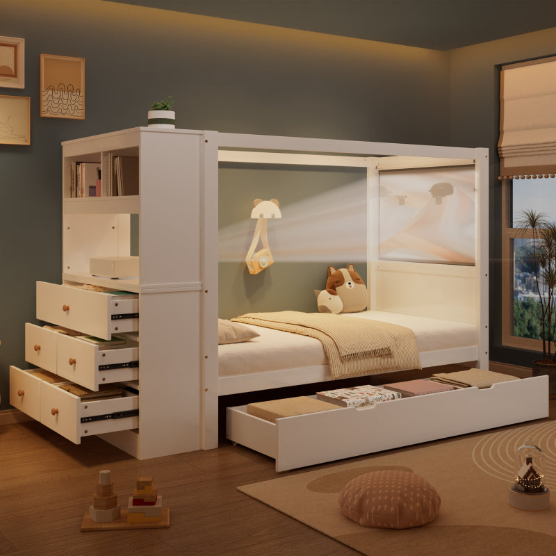 Einzelbett, Kinderbett mit Fallschutz und Gitter,  Holzbett mit Stauraum, Weiß+Natur,  90x200cm