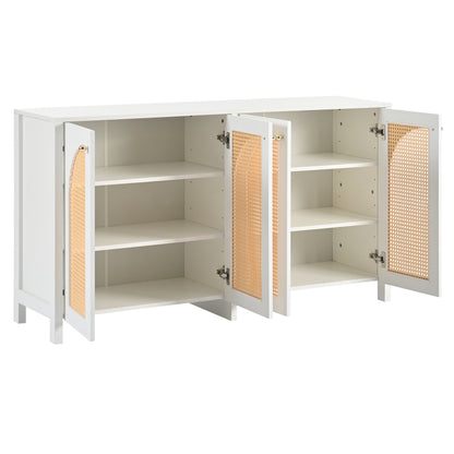 Modernes Sideboard im minimalistischen Stil 4-Rattantür, Metallgriff einfaches Buffetschrank für Esszimmer, Wohnzimmer, Küche (weiß)