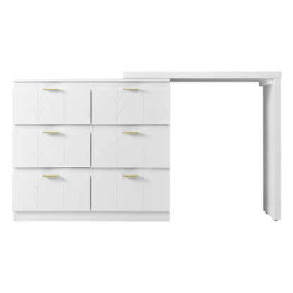 Schminktisch mit Beistelltisch,Bürotisch mit 6 Schubladen,Vergoldeten Griffen,drehbare Tischplatte(180°),lackiert,Blumenmuster,stoßfeste abgerundete Ecken,40T*73H,Weiß (ohne Spiegel und Hocker)