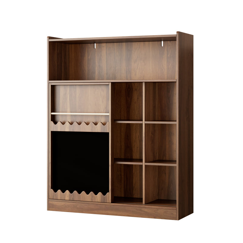 Bücherregal mit Tafel, Schiebetüren & Bilderbuch Ablage, Offenes 9-Fach Regal mit großem Stauraum, 120x38.5x151.5 cm, Nussbaumfarben