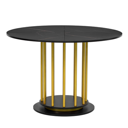 Runder Esstisch mit Marmoroptik Modernes Design mit Metallgestell, Schwarz+Gold